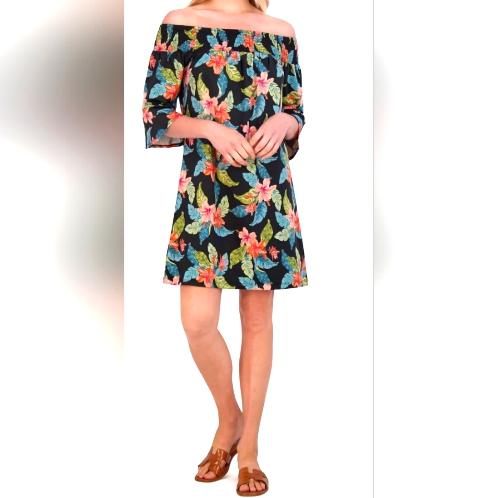 NWT!! Stella Parker, Island Collection UPF 50 Floral Off-Shoulder Dress. Size M